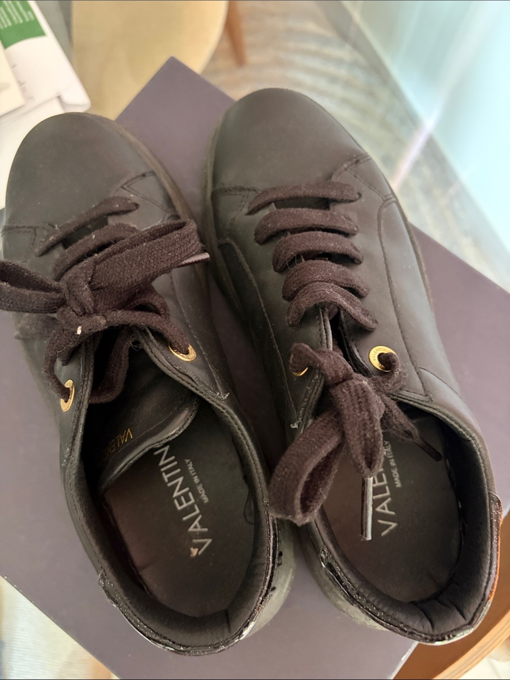 Valentino Black Leather Sneakers with Gold Eyelets